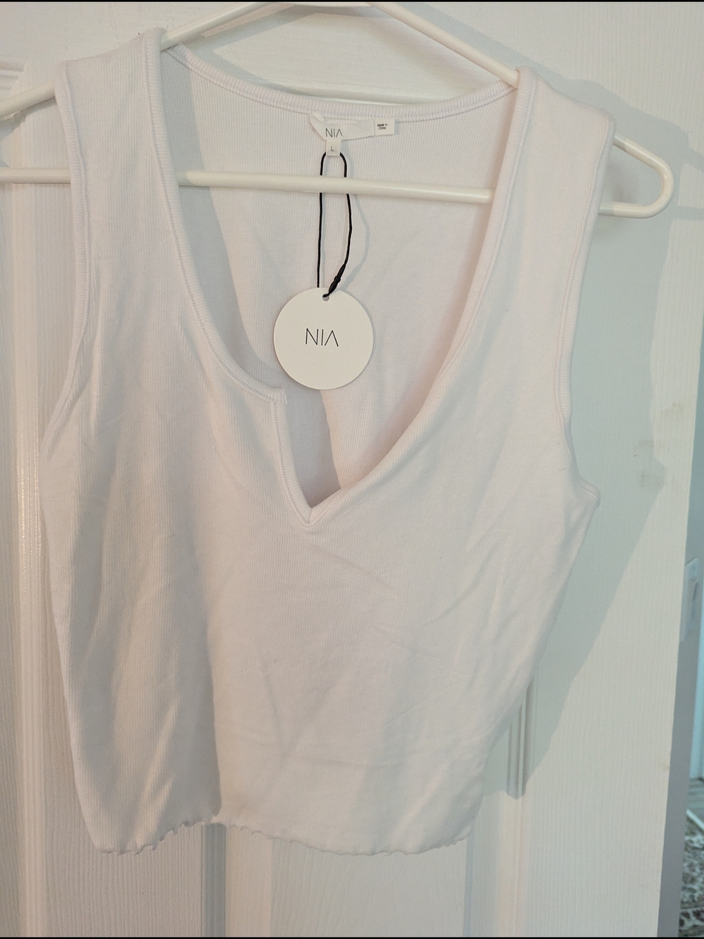 NIA White Ribbed V-Neck Crop Tank